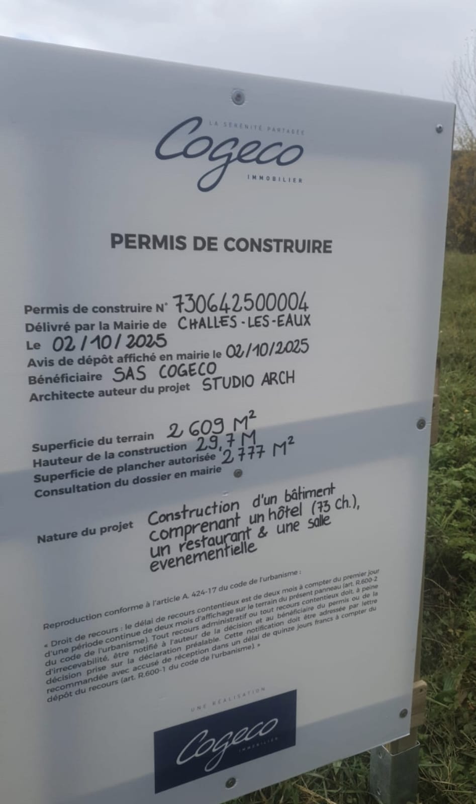 Permis de construire de l'hôtel